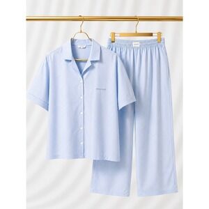 Dore & Rose European Luxe Silk Pajama Set Large Blue White Striped Pockets